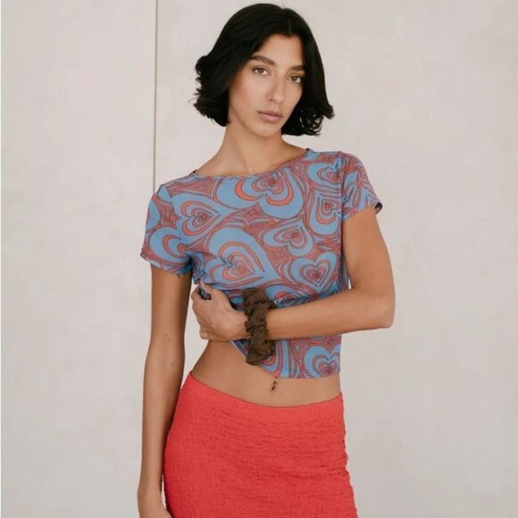 NEW Lisa Says Gah Alex Meshed Tee in Wild Hearts Blue Size S (Urban Outfitters) - Picture 5 of 10